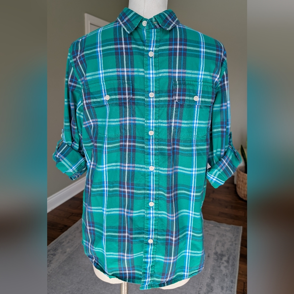 Urban Pipeline Men's Shirt 100% Cotton Green Plaid Button-Up Size M
